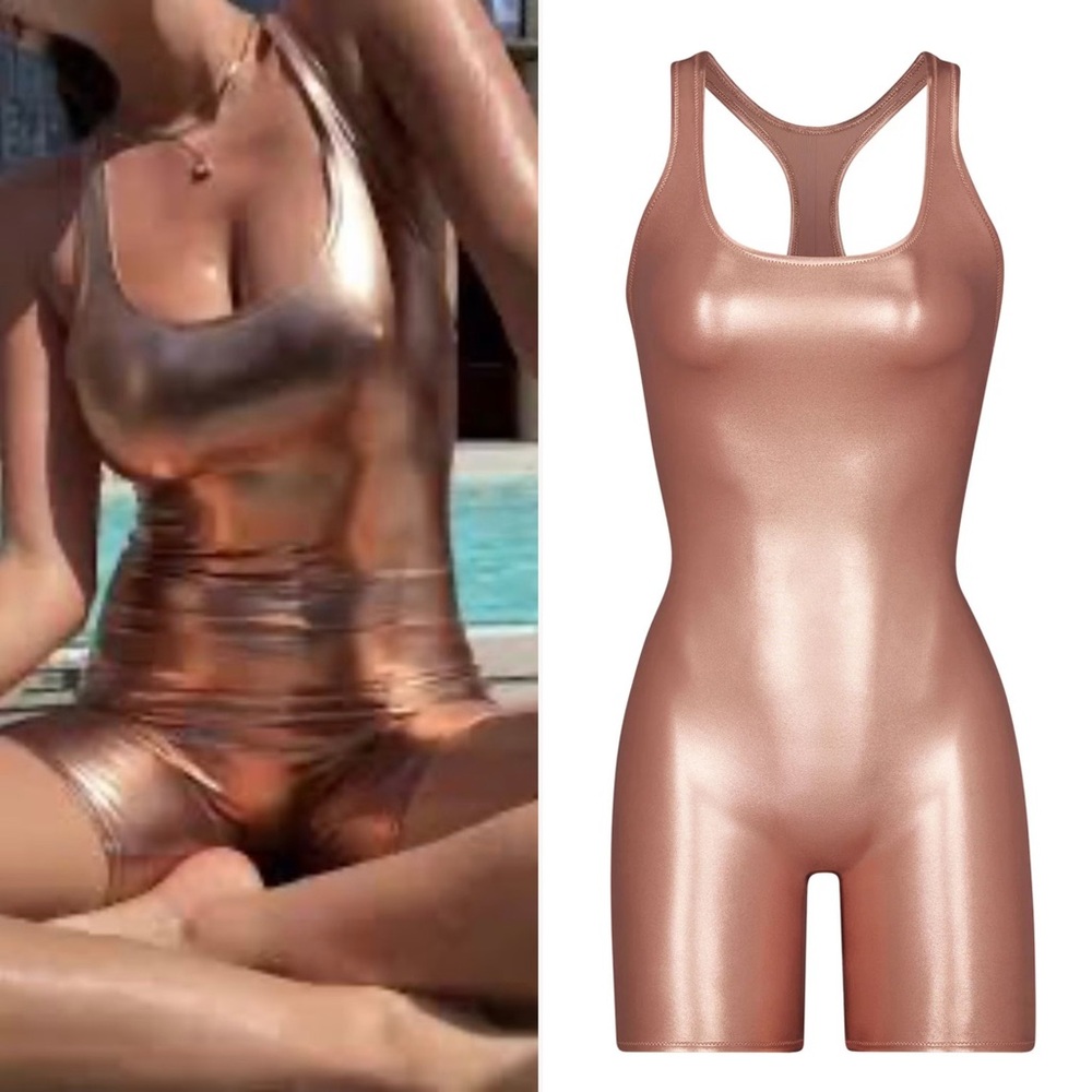 SKIMS Metallic Swim Cycle Suit in Champagne Sz M MSRP $128 NWT
